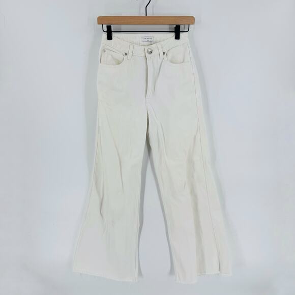 Sandro Paris Wide Leg Jeans Raw Hem Cream Denim High Rise Cotton Pants Size 36 - Picture 1 of 8